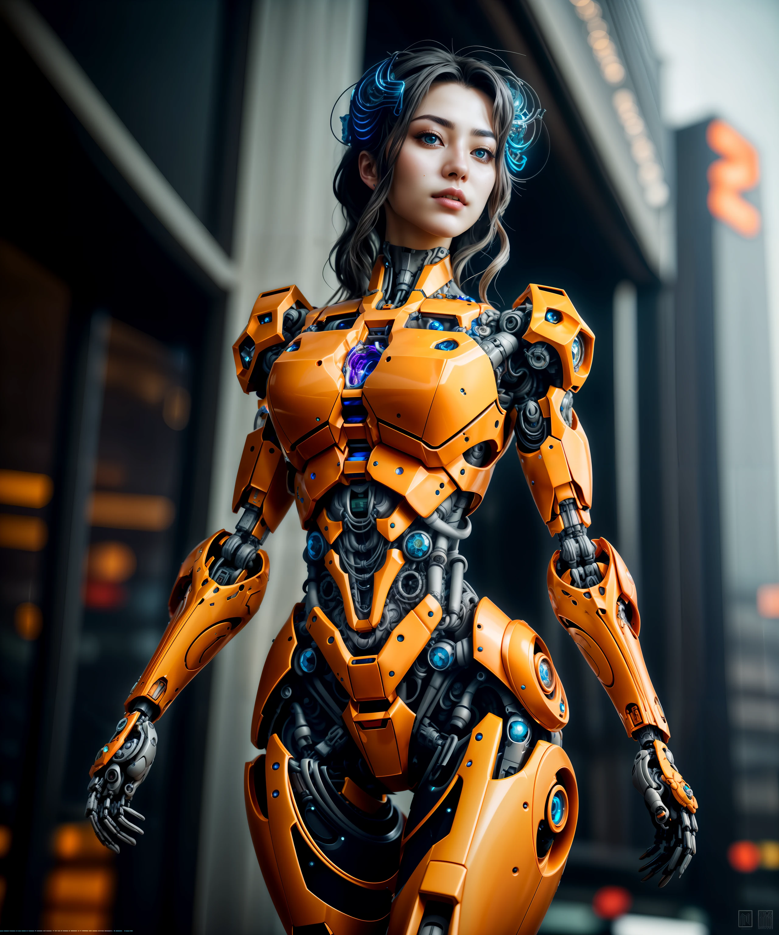 a HDR photograph of a beautiful woman, halo, intricate cyberpunk robot, highly detailed, soft bokeh, art by mooncryptowow and popular science <lora:wowifierV3:0.8>