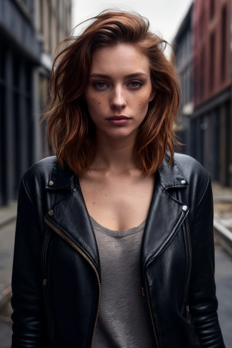 a photo of a seductive woman with loose styled redhead hair, bored, she is wearing a hoodie and black leather jacket, she is standing in the middle of an abandoned street, mascara, (textured skin, skin pores), (moles:0.8), imperfect skin, goosebumps, flawless face, (light freckles:0.9), ((photorealistic):1.1), (raw, 8k:1.3), dark, muted colors, slate atmosphere, <lora:to8contrast-1-5:0.4>, <lora:LowRa:0.3>