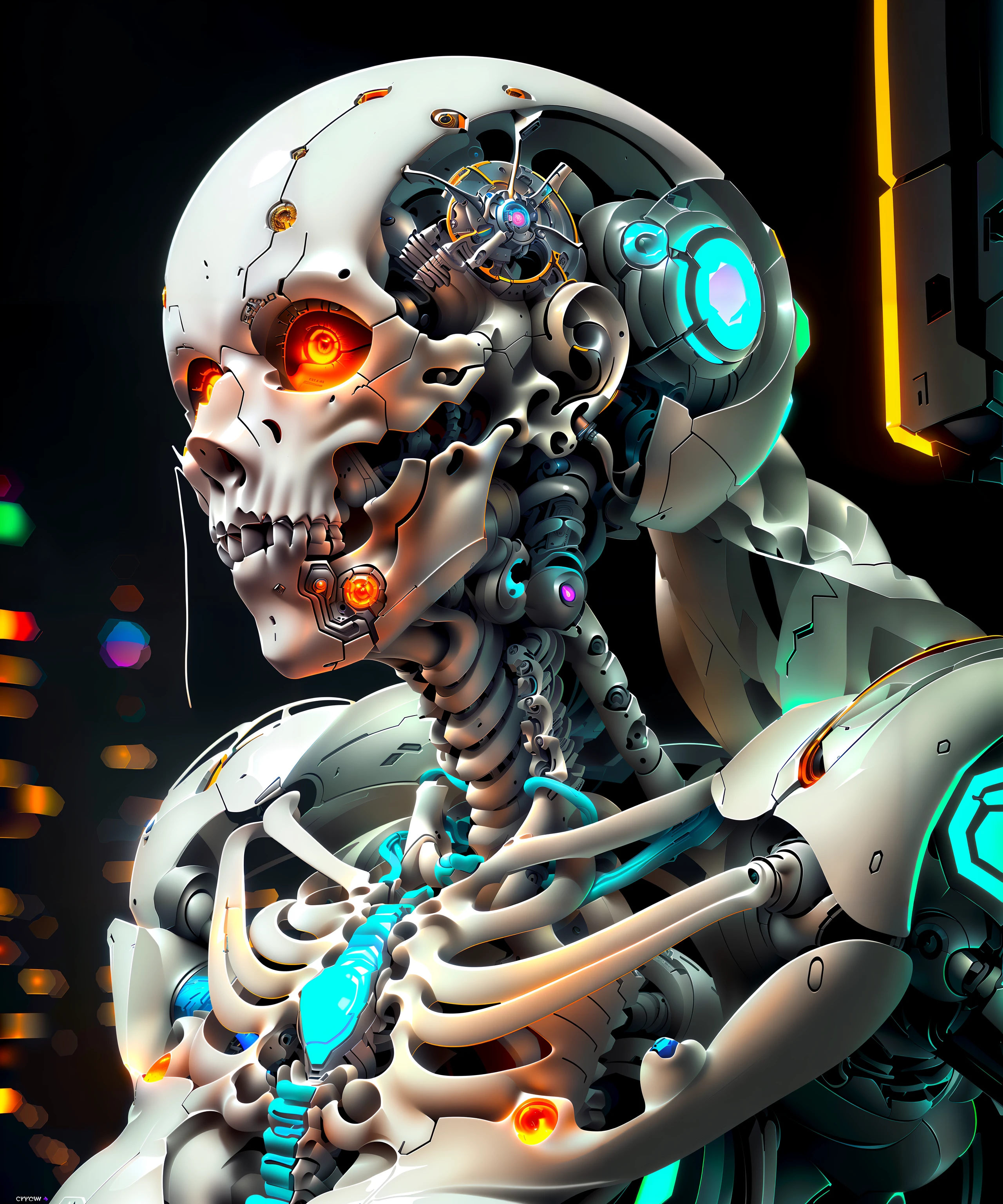 a beautiful painting of a cyberpunk robot skeleton, highly detailed, art by mooncryptowow and popular science <lora:wowifierV3:0.8>
