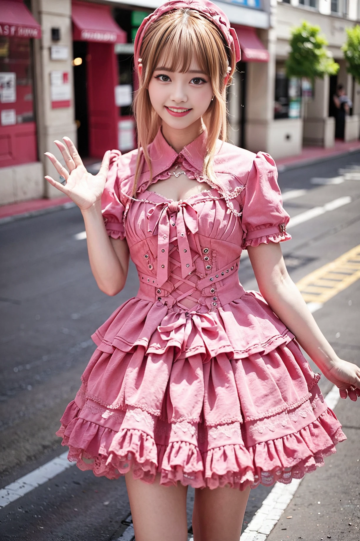 realistic, photorealistic, masterpiece, best quality, 1girl, solo, smile, looking at viewer, long pink hair,cowboy shot, bangs, cool_dress, standing in street, prefect lighting, <lora:cool_dress_style2_v1:0.75>, <lora:JapaneseDollLikeness_v15:0.6>