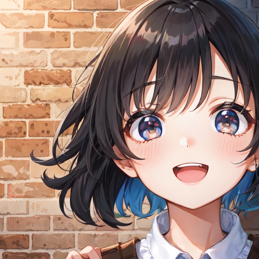 1 girl, best quality, ultra detailed, round eyes, happy, :d,
black hair, medium hair, black eyes, double tooth,
from front, face close-up,
(Brick wall with larger blocks:1.2)