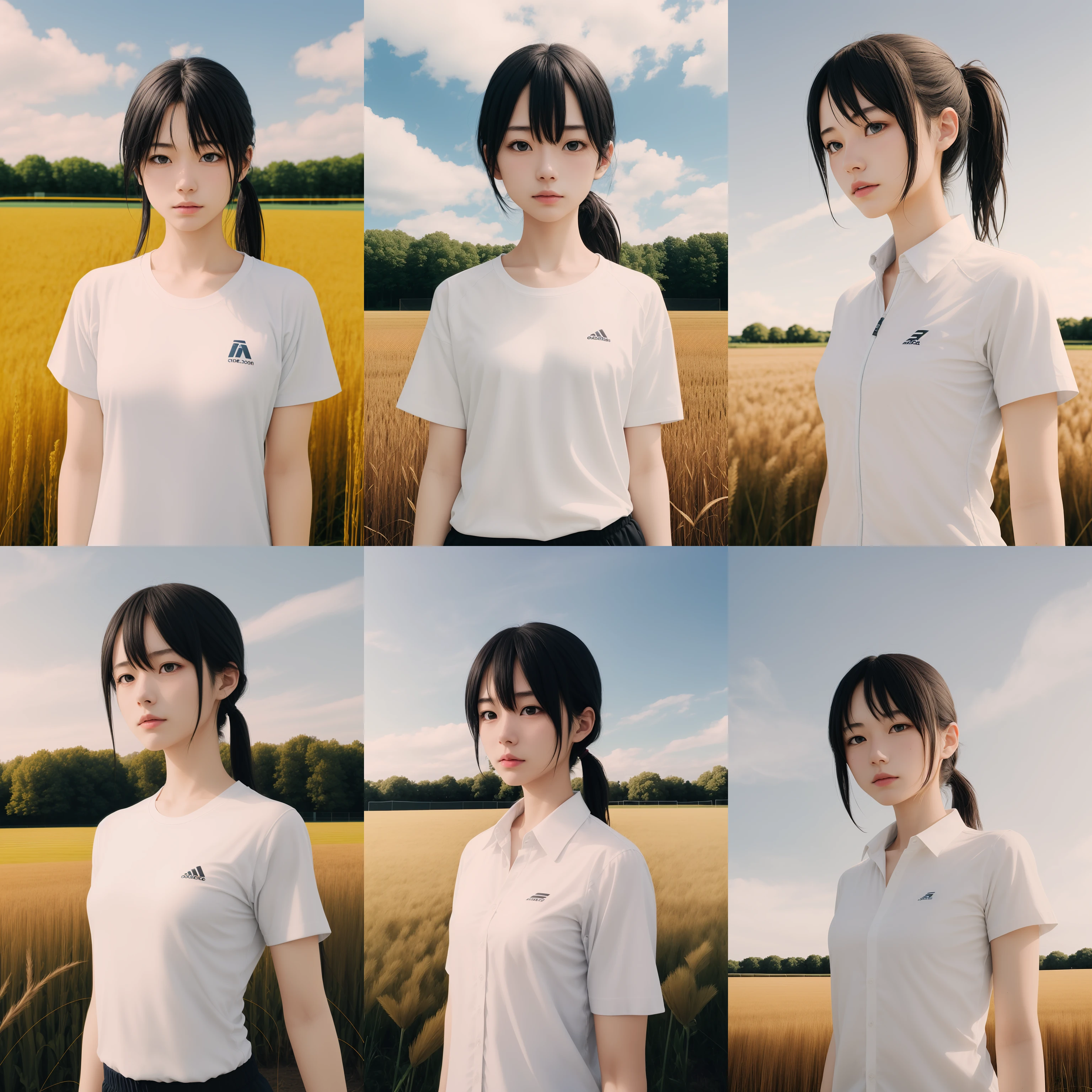 1girl,field ,sport,sky ,upper body, white shirt, <lora:kodakportra400:1>