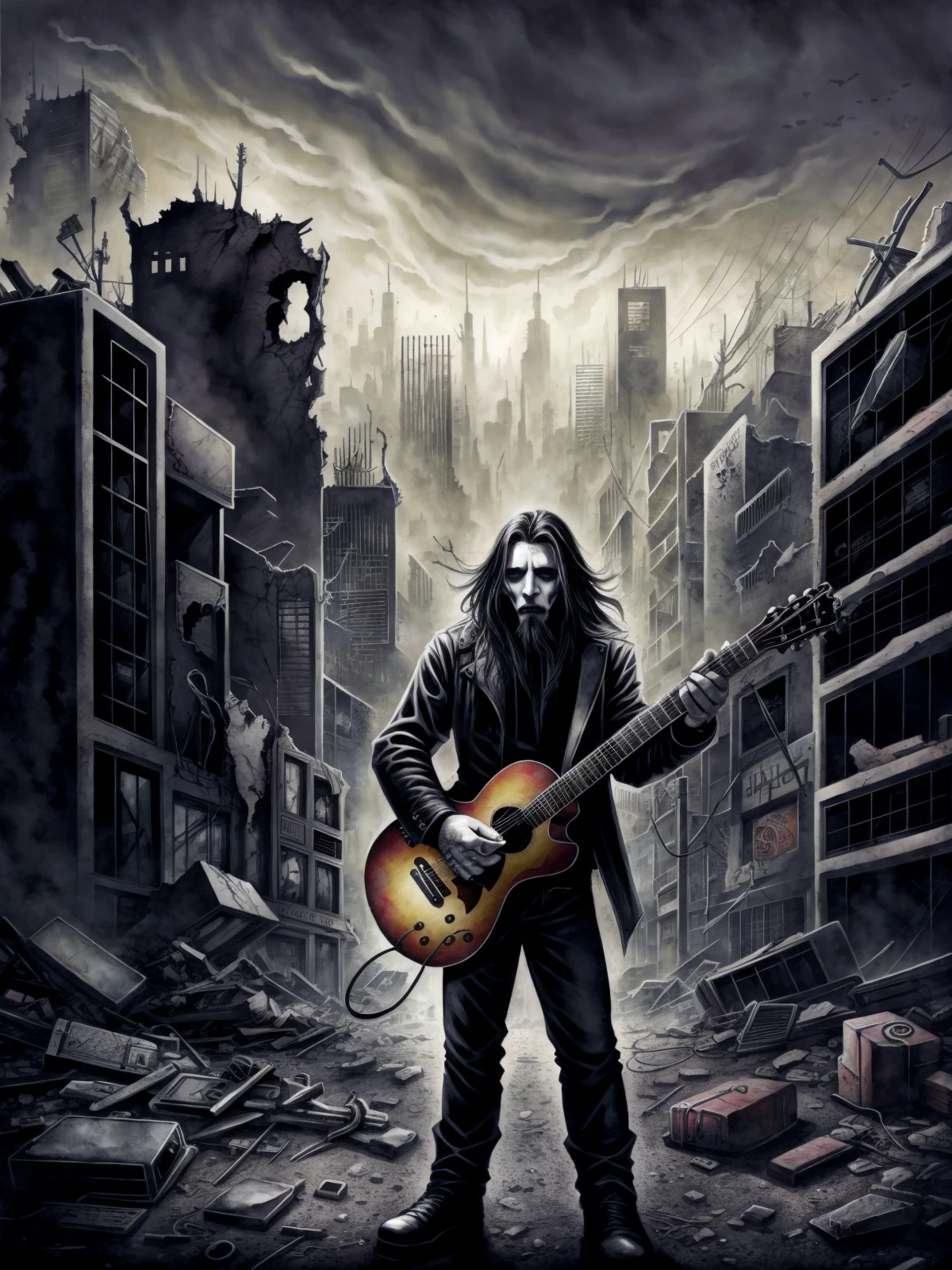A black metal guy plays his guitar on the last day on earth , post-apocalyptic destroyed city background (colorful aquarell )