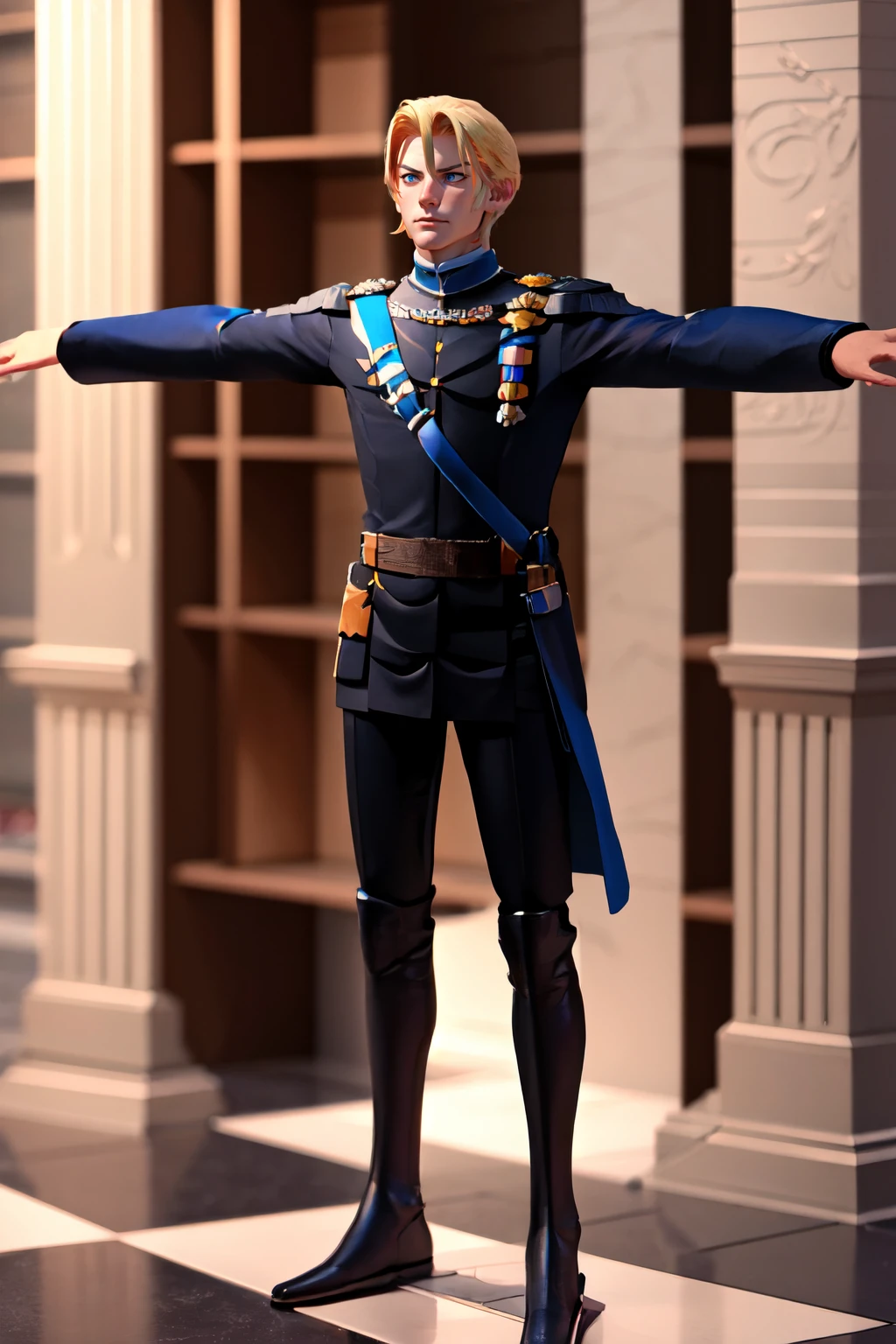 Highly detailed, High Quality, Masterpiece, beautiful, TPose, outstretched arms, standing, <lora:TPose:1>, solo, DimitriPre, <lora:Char_FireEmblem_Dimitri:0.9>