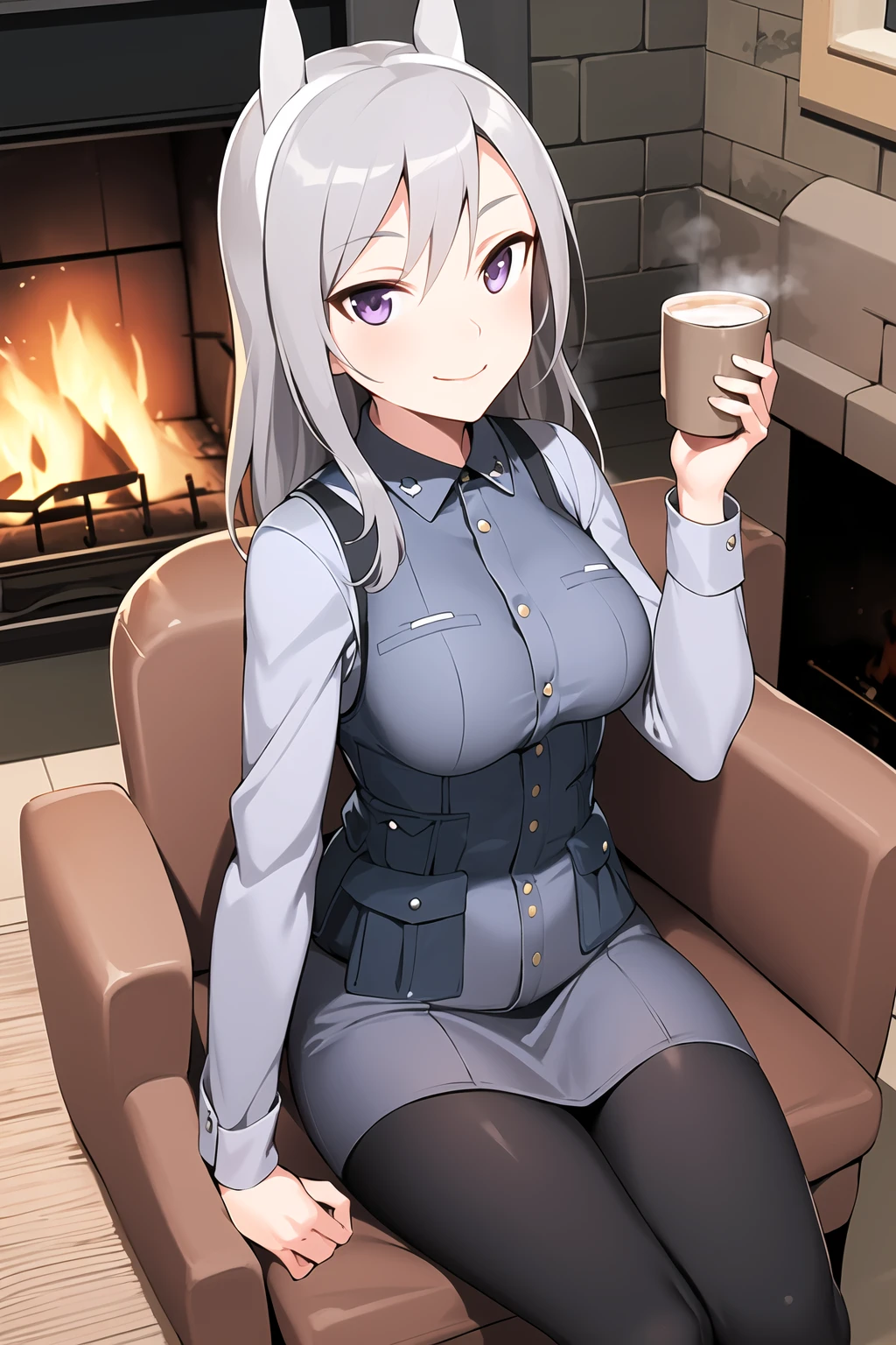 masterpiece, 1girl, aurora e. juutilainen, standing, purple eyes, animal ears, long silver hair, military outfit, black pantyhose, smile, fireplace, sitting, armchair, holding, coffee cup, steam, cozy, soft, log cabin, rug