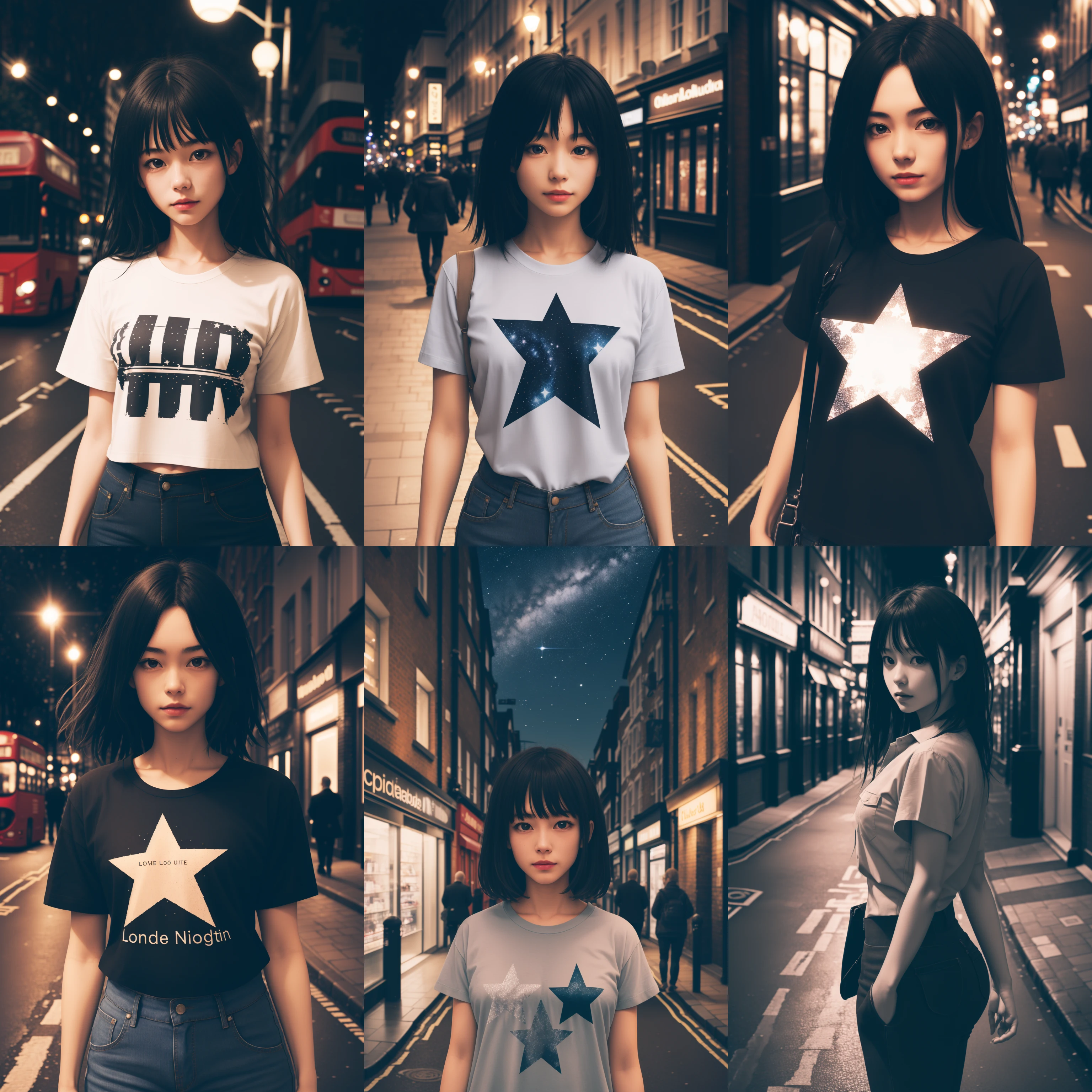 1girl,London street,night ,star ,upper body, shirt, <lora:kodakportra800:1>