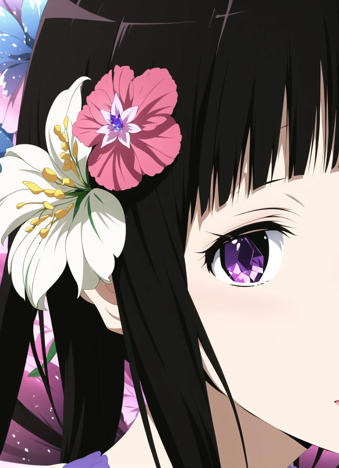 hyouka <lora:hyouka_offset:1>, masterpiece, best quality, chitanda eru, 1girl, purple eyes, long hair, black hair, flower, hair flower, hair ornament, close-up, :o, bangs, crystal, flowers made of crystal, abstract background, surreal, blurry