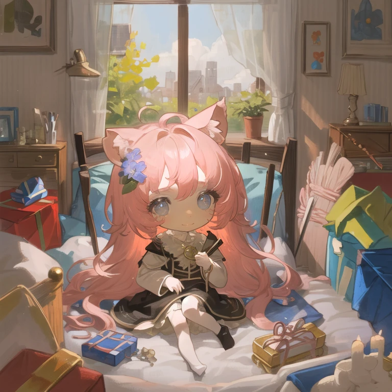 8k,{{ultra-detailed}}, {{illustration}}, (beautiful detailed eyes), beautiful, amazing, detailed eyes, (((masterpiece))),1girl,upper body,dynamic pose, chibi,stuffed toy, pink hair, balloon, window, long hair, stuffed animal, solo, indoors, curtains, pillow, smile, gift, food, flower, animal ears, bed, box, teddy bear, blue eyes, sitting, dress, string of flags, bird, gift box, short sleeves, on bed, cat ears