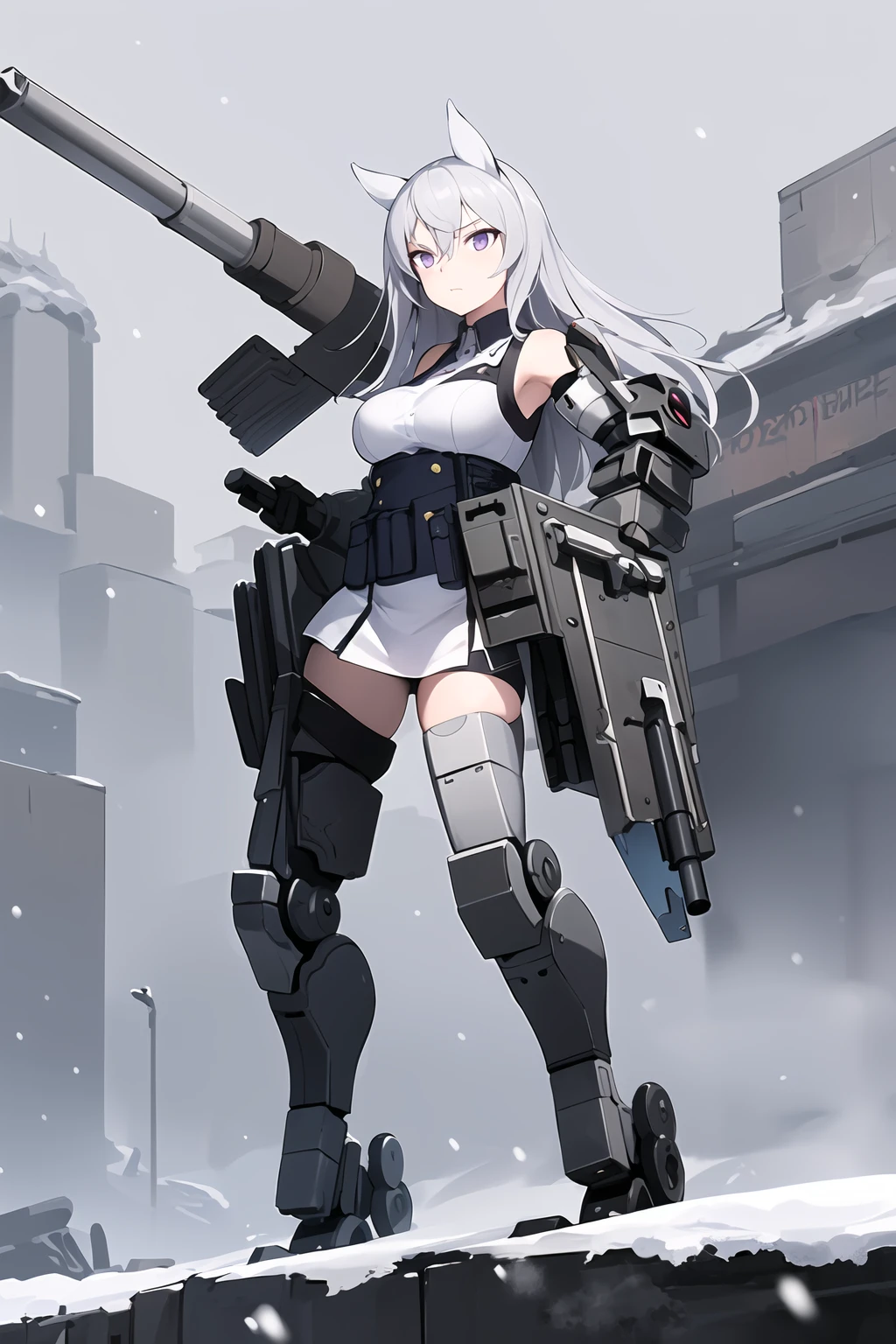 masterpiece, 1girl, aurora e. juutilainen, standing, purple eyes, animal ears, long silver hair, (tank legs, mechanical legs, heavy armor), holding, heavy weapon, tank cannon, machine gun, eye visor, futuristic, snow, tundra, detailed weapon, large weapon