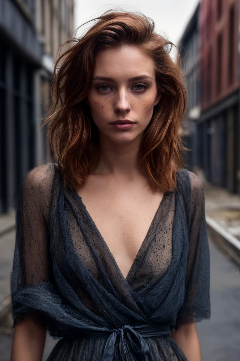 (she is wearing a dress:1.1), she is standing in the middle of an abandoned street, mascara, (textured skin, skin pores), (moles:0.8), imperfect skin, goosebumps, flawless face, (light freckles:0.9), ((photorealistic):1.1), (raw, 8k:1.3), dark, muted colors, slate atmosphere,