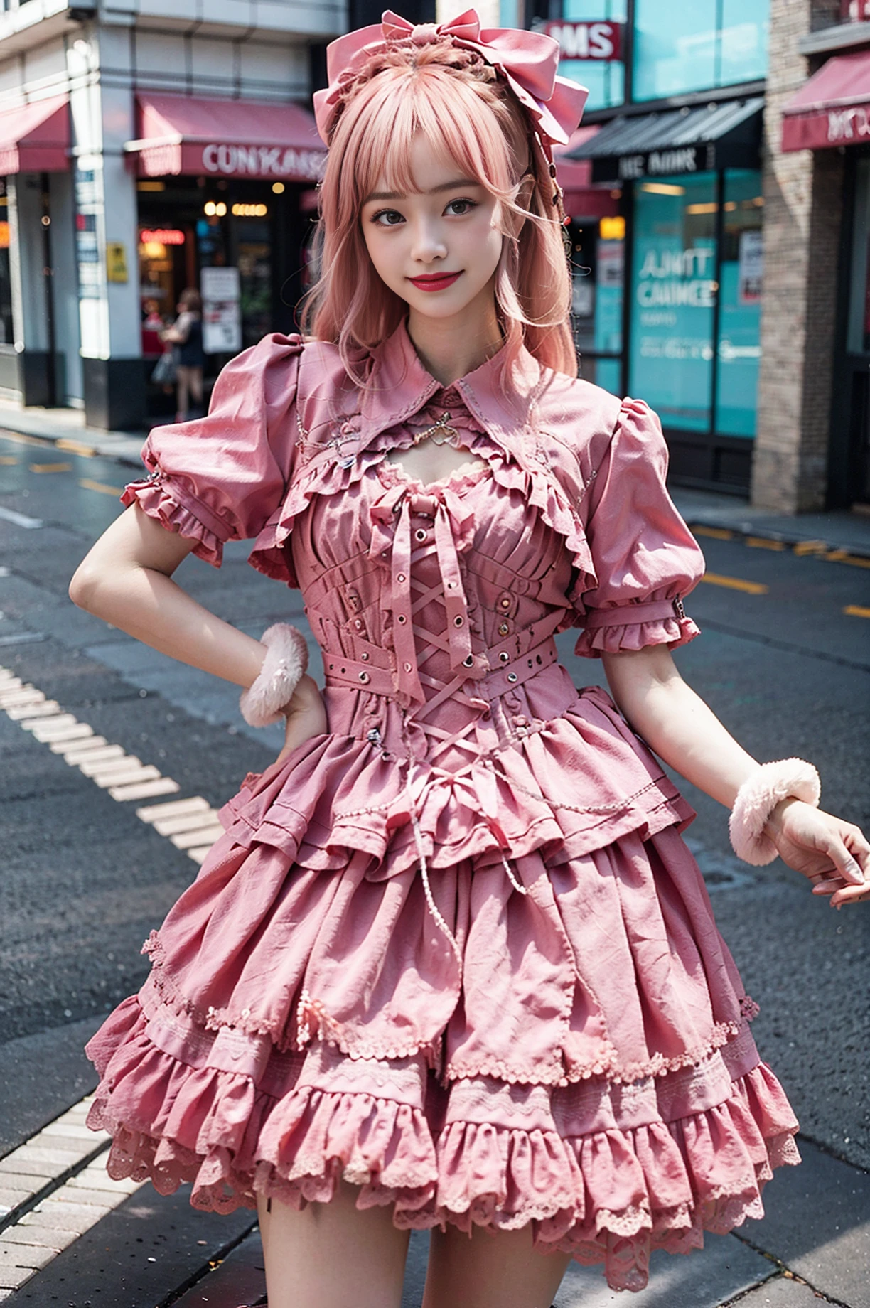 realistic, photorealistic, masterpiece, best quality, 1girl, solo, smile, looking at viewer, long pink hair,cowboy shot, bangs, cool_dress, standing in street, prefect lighting, <lora:cool_dress_style2_v1:0.75>,  <lora:JapaneseDollLikeness_v15:0.6>