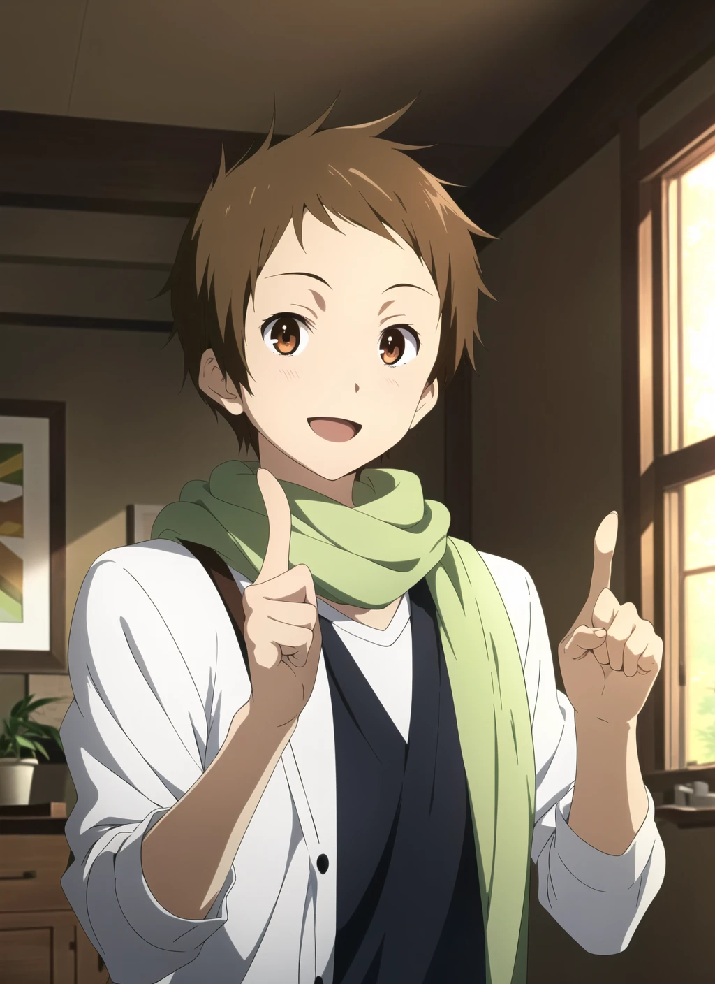 hyouka <lora:hyouka_offset:1>, masterpiece, best quality, 1boy, male focus, brown hair, solo, smile, brown eyes, scarf, open mouth, anime coloring, looking at viewer, upper body, official style, index finger raised, :d, indoors