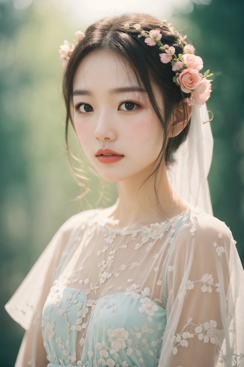 1girl,
Floral motifs, luminous skin, enchanting gaze, embellished attire, natural lighting, shallow depth of field, romantic setting, dreamy pastel palette, whimsical details, captured on film