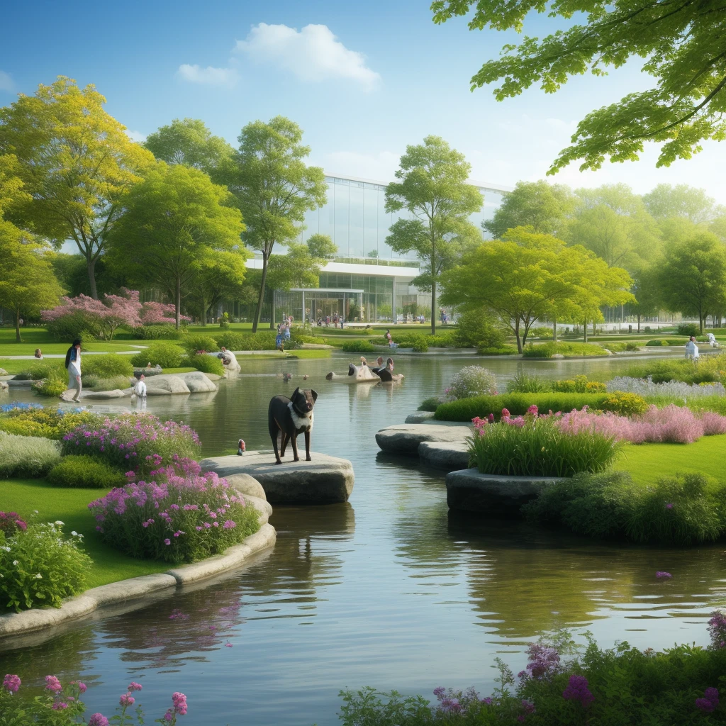 ((Best quality)),((masterpiece)),((realistic)),Modern park landscape,Clean lake,Luxuriant plant,puppy,
