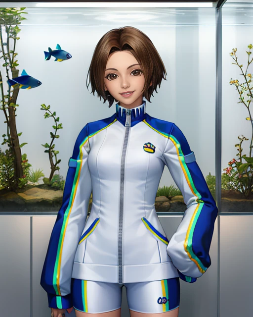 Uriko, brown short hair, brown eyes, solo, standing, cute, upper body, smiling, lips,
UriJAK, track jacket,sleeves past wrists,white bike shorts ,sneakers,zipper,socks ,
in a large aquarium, dark area, large glass windows, fish
(insanely detailed, beautiful detailed face, masterpiece, best quality) <lora:Uriko:0.7>