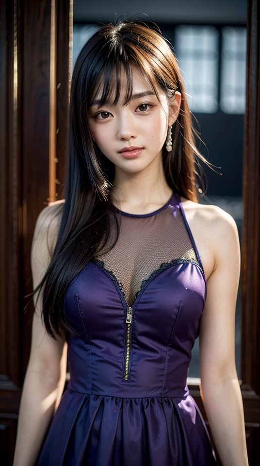 8k, best quality, masterpiece, realistic, ultra detail, photo realistic, hyper realistic, smoother lighting, increase cinematic lighting quality, realistic lighting, backlighting, brightening light, Increase quality, best quality real texture skin,
close-up, slender, cute face, smile, beautiful details eyes, 19years old korean, pretty, Straight hair, hime_cut with purple color, dress,