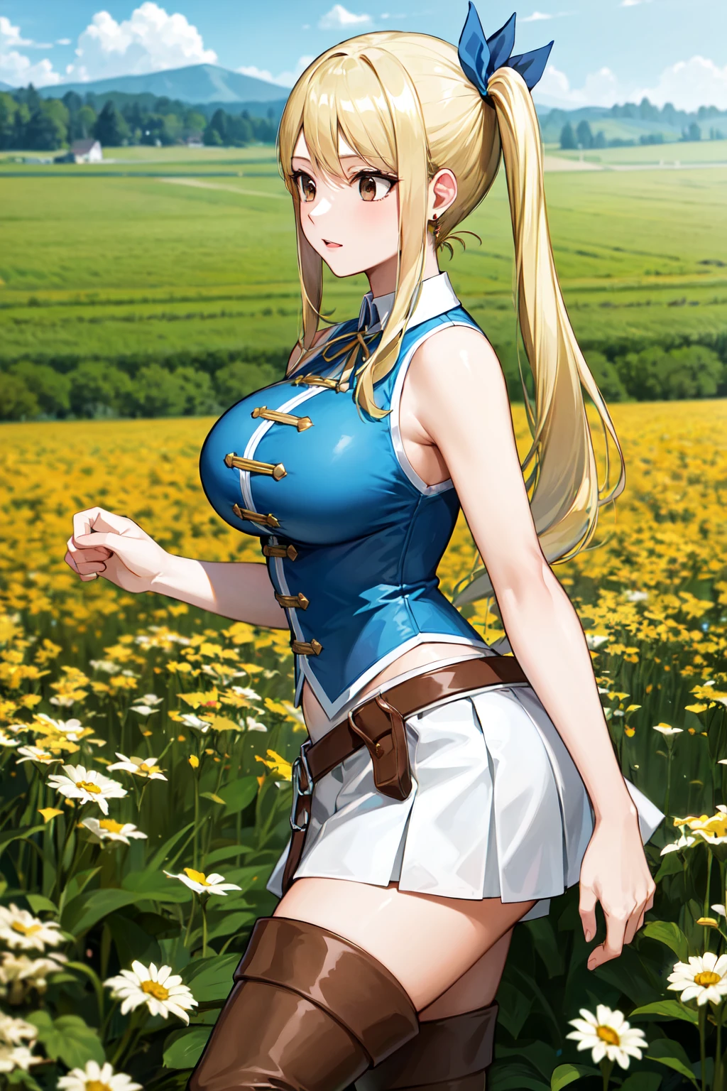 masterpiece, best quality, highres, lucy heartfilia, blonde hair, long hair, side ponytail, blue ribbon, large breasts, earrings, thigh boots, blue shirt, sleeveless shirt, white skirt, <lora:lucy_heartfilia_v11:0.7>, from side, field