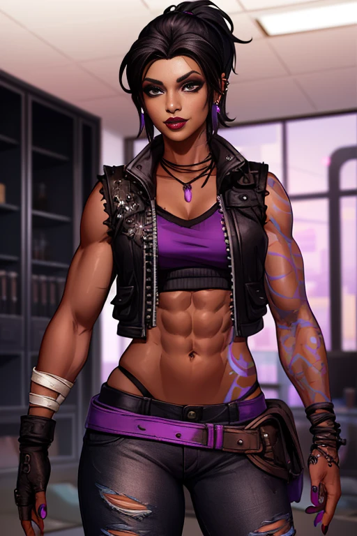 Amara, short black hair,ponytail, purple eyes ,lipstick ,toned , blue left arm tattoo, dark skin ,nail polish, scars, standing, arms on hips, upper body, smiling, posing,
AmaClot,right fingerless glove,ear piercing,earrings,midriff ,crop top,torn clothes ,vest,bracelet,pants,boots,necklace,belt ,
spaceship, window, stars milky ways, purple themed room, purple walls, gym,
(insanely detailed, beautiful detailed face, masterpiece, best quality) <lora:Amara:0.7>