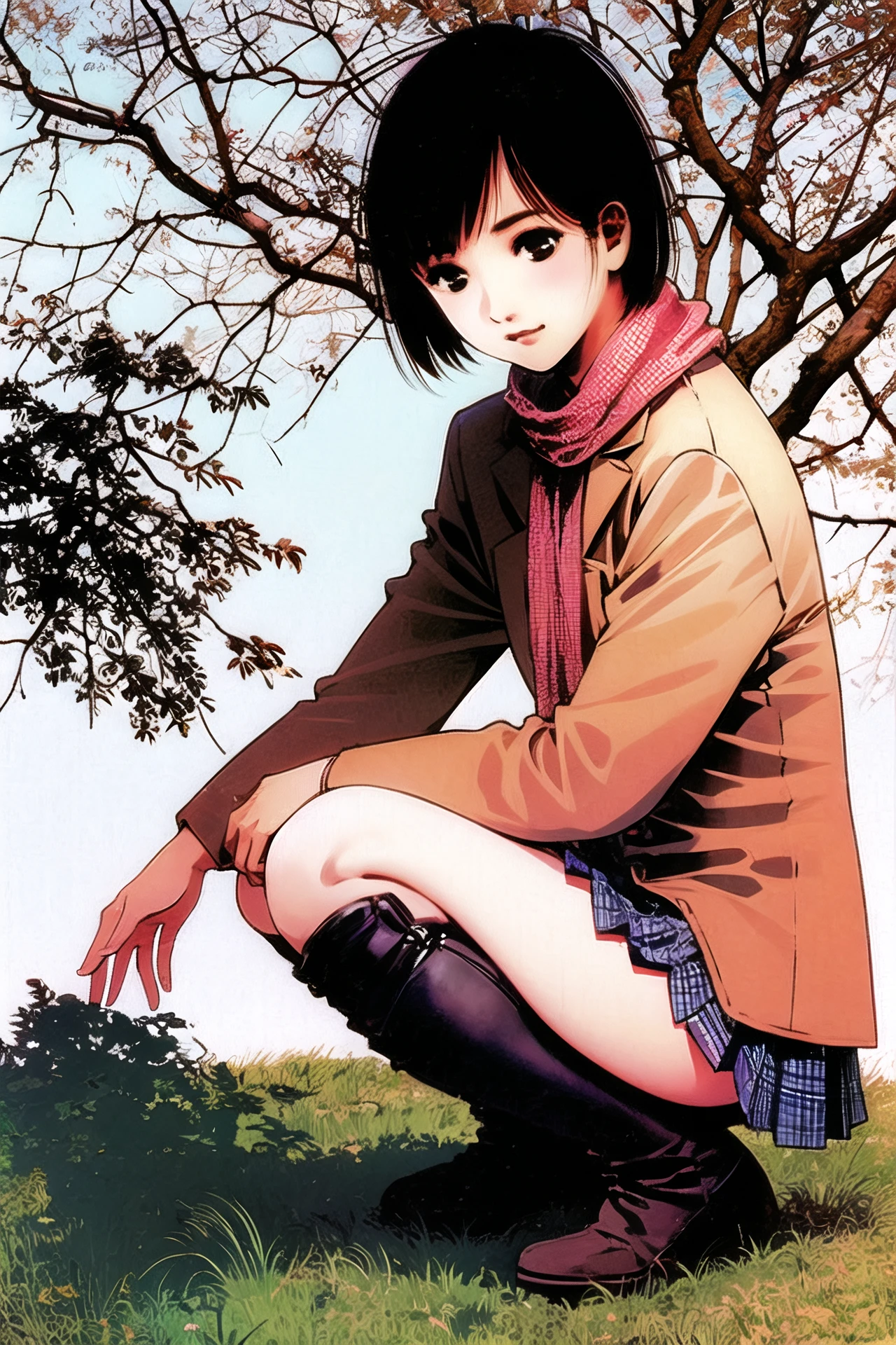 1girl, squatting, scarf, solo, skirt, short hair, breath, school uniform, brown hair, black hair, brown eyes, boots, black eyes,  jacket, tree, <lora:msbqy:1>