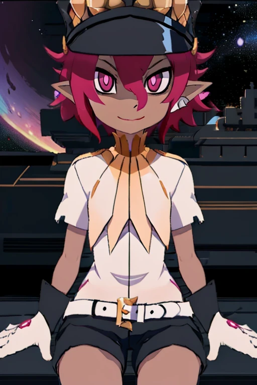 Psychic, short lavender hair , pink eyes, pointy ears ,dark skin , sitting,
white shirt, black shorts,
outer space, milky way, stars, open military base,
(insanely detailed, beautiful detailed face, masterpiece, best quality) <lora:Psychic:0.8>
