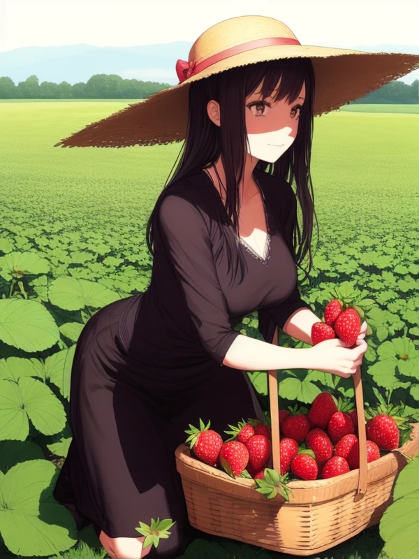 solo,Goth girl picking strawberries in a strawberry field,sun hat,