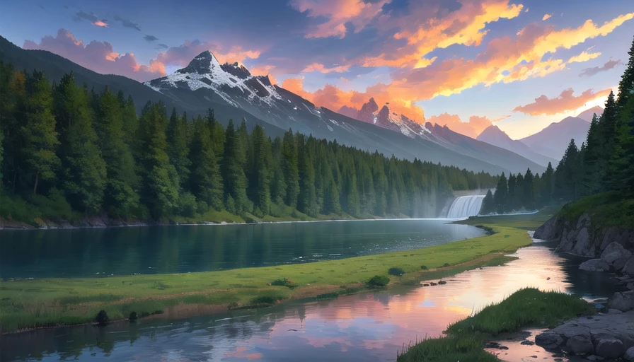 masterpiece, best quality, aesthetic, mountain, cloud, water, sky, river, landscape, waterfall, cloudy sky, lake, sunset, wide shot, no humans, nature, scenery, outdoors
