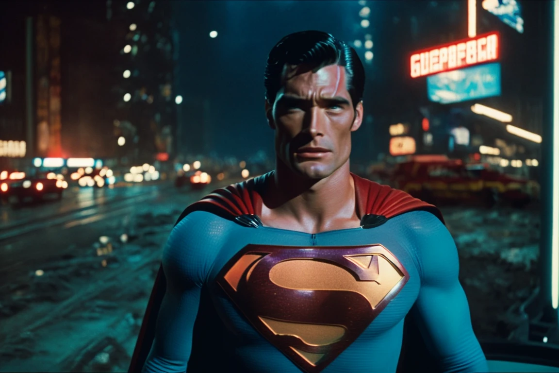 A film still photography of Superman in a cyberpunk blade runner futuristic city, super 8mm film, saturated color grading, de-noise, set in 2052, very detailed, high quality, 4k, 8k, impressive, film still, global illumination