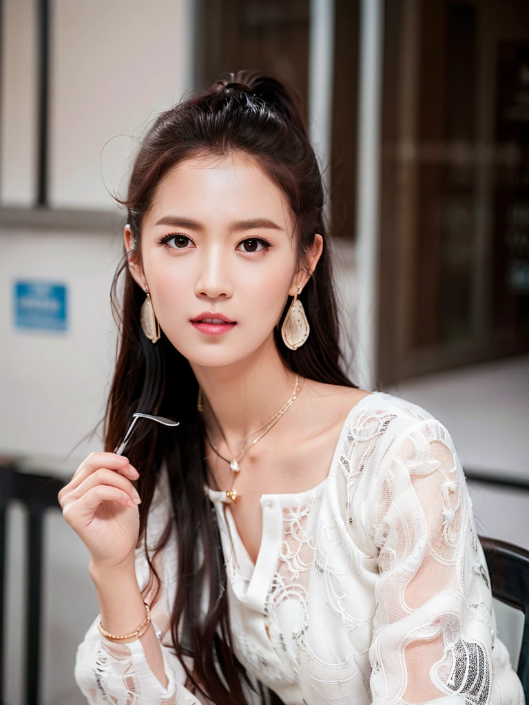 cyq, 1girl, solo, jewelry, earrings, realistic, long hair, black hair, dress, looking at viewer, white dress, brown eyes, lips, smile, black eyes , ulzzang-6500v1.1, (original: 1.2), (realistic: 1.3) , beautiful girl with beautiful details, extremely detailed eyes and face, eyes with beautiful details, absurd, incredibly absurd, huge file size, ultra detail, high resolution, ultra detailed, best quality, masterpiece, illustration, ultra detailed and beautiful, ultra detailed, CG, unity, 8k wallpaper, amazing, fine Detail, masterpiece, top quality, official art, extremely detailed CG unity 8k wallpaper, cinematic lighting, (perfect shiny skin:0.6), slim and smooth lines, (floating) <lora:Chenyuqi_v1:0.8>