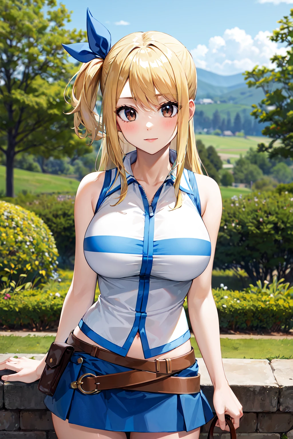 masterpiece, best quality, highres, lucy heartfilia, blonde hair, long hair, large breasts, white shirt, sleeveless, belt, blue skirt, <lora:lucy_heartfilia_v11:0.7>, cowboy shot, standing, looking at viewer, outdoors