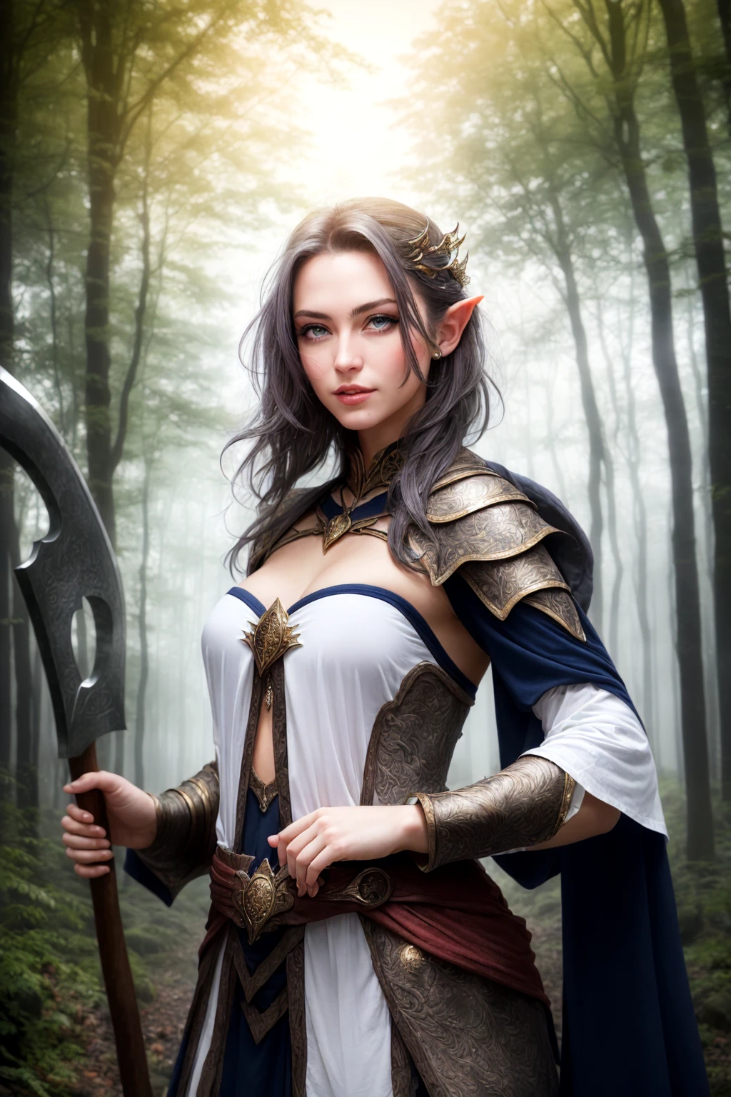 (half body shot:1.3),elegant queen, medium breasts, depth of field, white mage, casting a spell, runes floating glowing absurdres, wearing clothes, realistic, hyperrealsitic, holding an axe, in a fantasy forest high quality, masterpiece, raw photo, fantasy landscape, 1woman, multicolored hair, grey eyes, elvish, (detailed eyes:1.21), detailed facial features, <lora:epiNoiseoffset v2-pynoise:0.8>, void energy, misty mountain