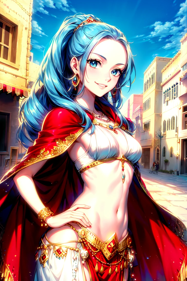 (ultra detailed background, delicate pattern, intricate detail, highly detailed, fine details), best quality, ((medium breasts, slim girl, cowboy shot)), NefertariVivi, 1girl, long hair, blue hair, solo, jewelry, earrings, ((small breasts, slim girl, red cape, arabic dancer outfit, covered lower body)), dress, ponytail, hair ornament, navel, necklace, sky, blue eyes, (complex detailed background, outside, sunny, desert town environment, buildings, town, market, hair lift, hands behind back, smile, wide smile), <lora:BeautifulDetailedEyes:0.4>,  <lora:DetailTweaker:0.5>,   <lora:NefertariViviFinal:0.7>