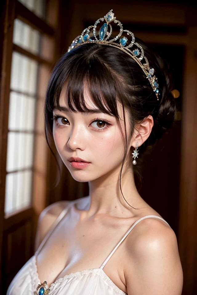 portrait of a girl,japanese idol, princess with tiara,frilled gorgeous dress,beautiful face,half updo,fantasy, eyes on the camera,castle
