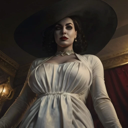 (best quality:1.2), beautiful, perfect eyes, perfect face, very tall mature woman,pale skin,white dress,black hat,yellow eyes,short black hair,lady dimitrescu,re8dmtrsc,red lips,mouth closed,jewelry,huge breasts, <lora:Justsomenoob-000010:0.6> dynamic angle,intimidating pose,from below,dark mansion,dramatic lighting,looking at viewer, <lora:sxz-lady-dimitrescu:0.5>