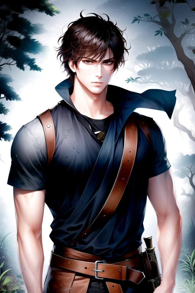 <lora:ManhwaMegaUltimate:1>,
(fantasy, fantasy-style), 1boy, male focus, solo, black hair, short hair, black eyes, closed mouth, standing, bangs, looking at viewer, angry,
weapon, sword, holding sword, bandaged arm, torn clothes,
belt, cape, short hair, ((cloak, armor)), short sleeves, dirty clothes, brown belt, bandages, shirt, pants,
(cowboy shot),
tree, outdoors, nature, forest, day, sunlight, plant, scenery, bush, leaf,
(((masterpiece))), (highest quality), best quality, highres, (intricate details), 8K, ((perfect face)), (Mature Face:1.4), (beautiful face:1.15), detailed eyes, messy hair