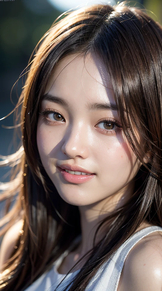 8k, best quality, masterpiece, realistic, ultra detail, photo realistic, hyper realistic, smoother lighting, increase cinematic lighting quality, realistic lighting, backlighting, brightening light, Increase quality, best quality real texture skin, 
close-up, slender, (cute face:1.4), smile, beautiful details eyes, 19years old korean girl, pretty, city,
