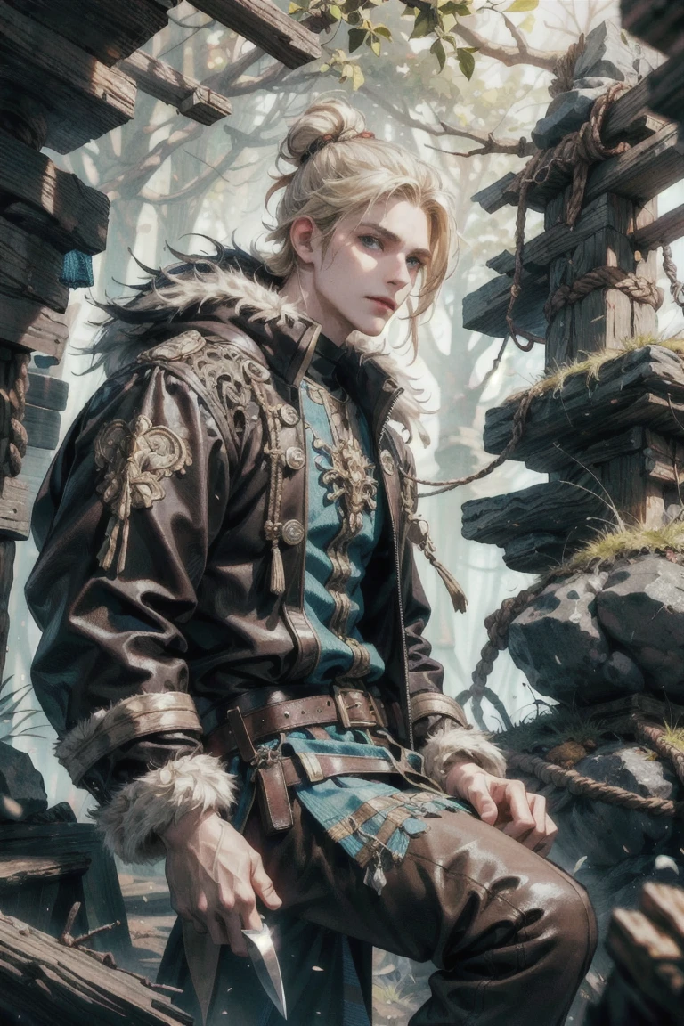 (Absurdres, intricate details, masterpiece, best quality, high resolution, 8k), men only, (1man), (male:1.2), youthful face, (brat:1.2), masked face, finely detailed eyes and face, lean body, curious and inquisitive appearance, eyes that convey innocence and curiosity, sienna skin, light blonde top knot hair, grey-blue eyes, solo, (full body:0.6), looking down, detailed background, detailed face, (<lora:StonepunkAI:0.8>, stonepunkAI, stone theme:1.1), trapper, tracker, smirk, brown fur lined leather clothing, belt, coat, trappers hat, dynamic pose, rope, net, hunting knife, pelts, hides, campsite background, underbrush, fantasy frontier cinematic atmosphere, victorian, hands in the pocket look at the viewer from the side, sumptuous details, VFX, Gaussian Blur, Shallow Focus, Knee Level Shot, Tone-mapping, Ambient Occlusion, Light Shaft Secondary Fill Light, Spectacular Map.