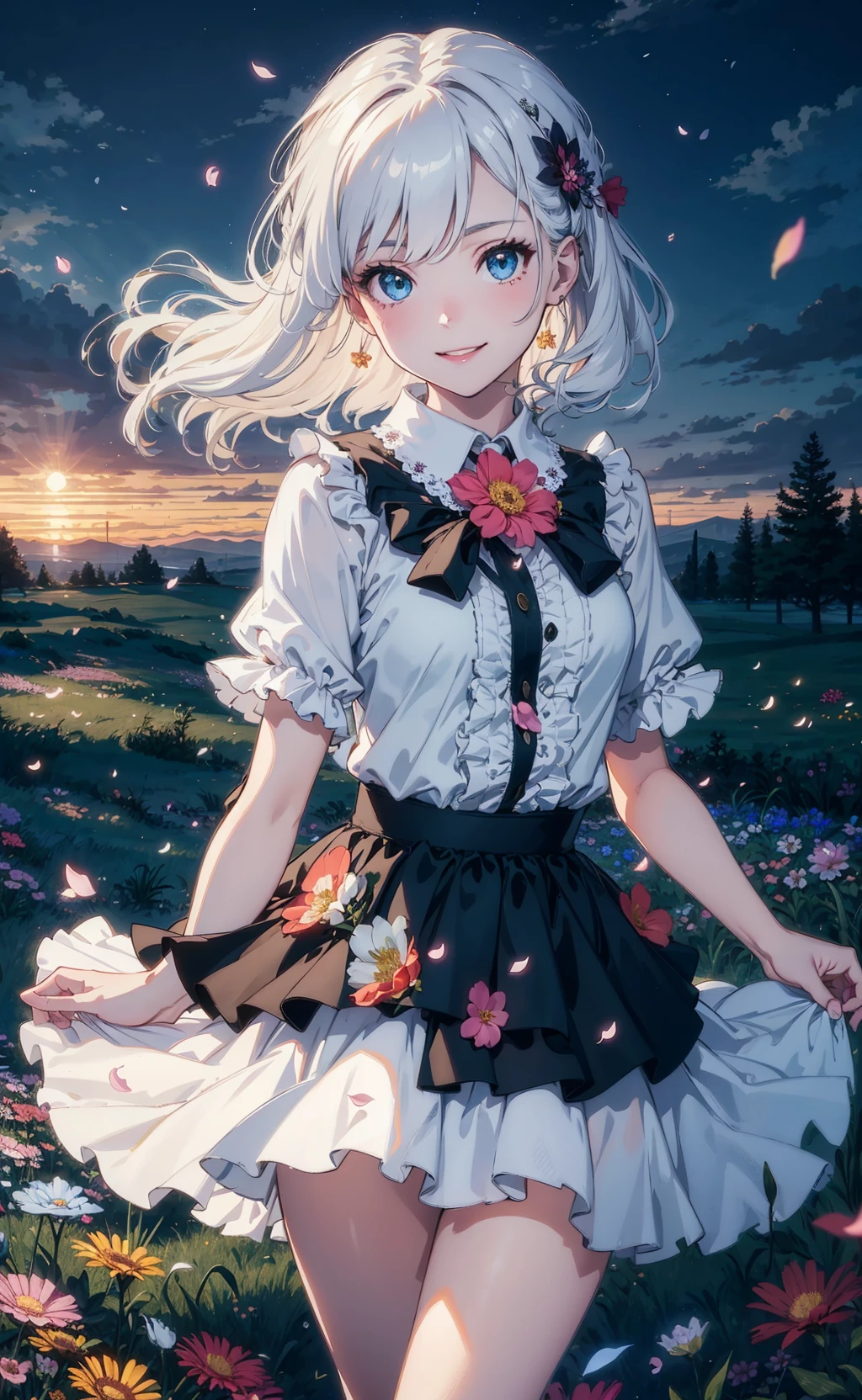 masterpiece, best quality, 1girl, (colorful),(delicate eyes and face), volumatic light, ray tracing, bust shot ,extremely detailed CG unity 8k wallpaper,solo,smile,intricate skirt,((flying petal)),(Flowery meadow) sky, cloudy_sky, moonlight, moon, night, (dark theme:1.3), light, fantasy, windy, magic sparks, dark castle,white hair