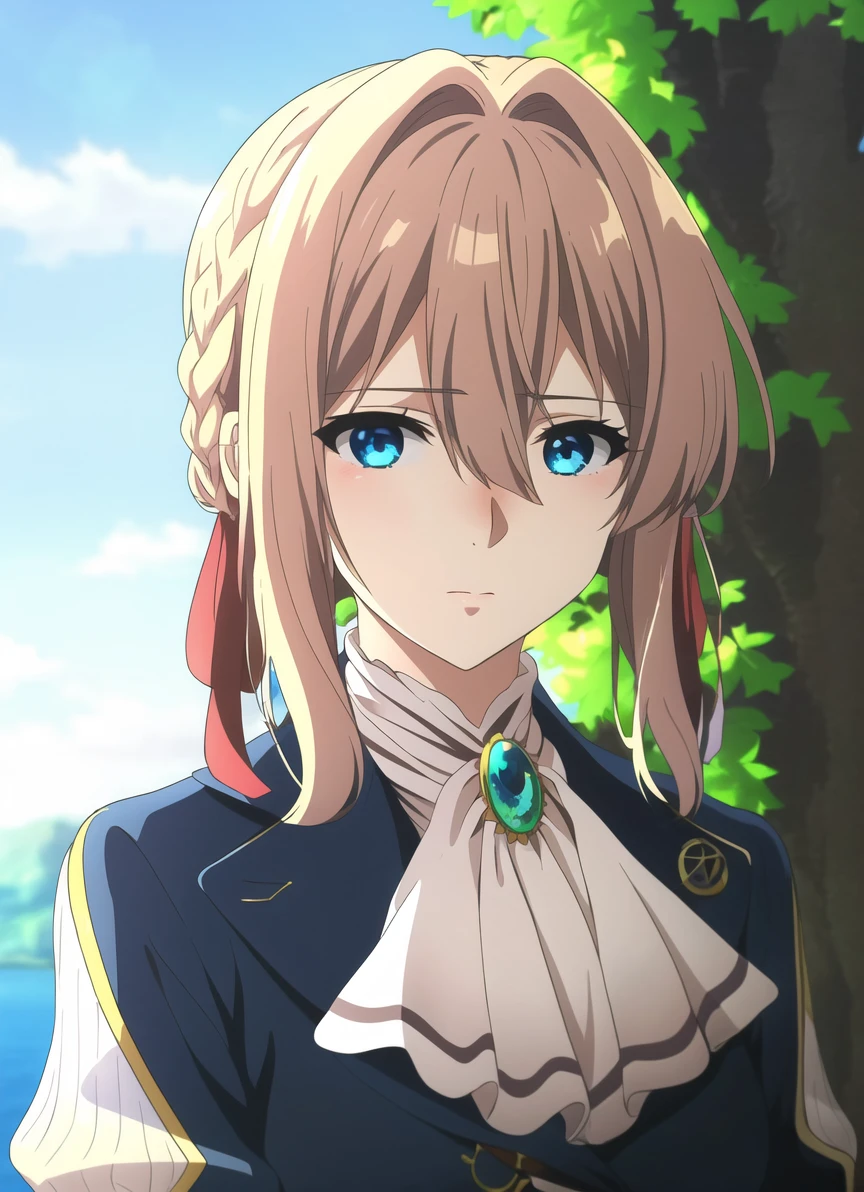 violet evergarden <lora:violet_evergarden_offset:1>, masterpiece, best quality, 1girl, solo, blonde hair, blue eyes, hair between eyes, looking at viewer, ribbon, red ribbon, braid, hair ribbon, jacket, blue jacket, jewelry, bangs, outdoors, brooch, hair intakes, anime coloring, ascot, blurry background, blurry, white ascot, tree, closed mouth, portrait, daygrass