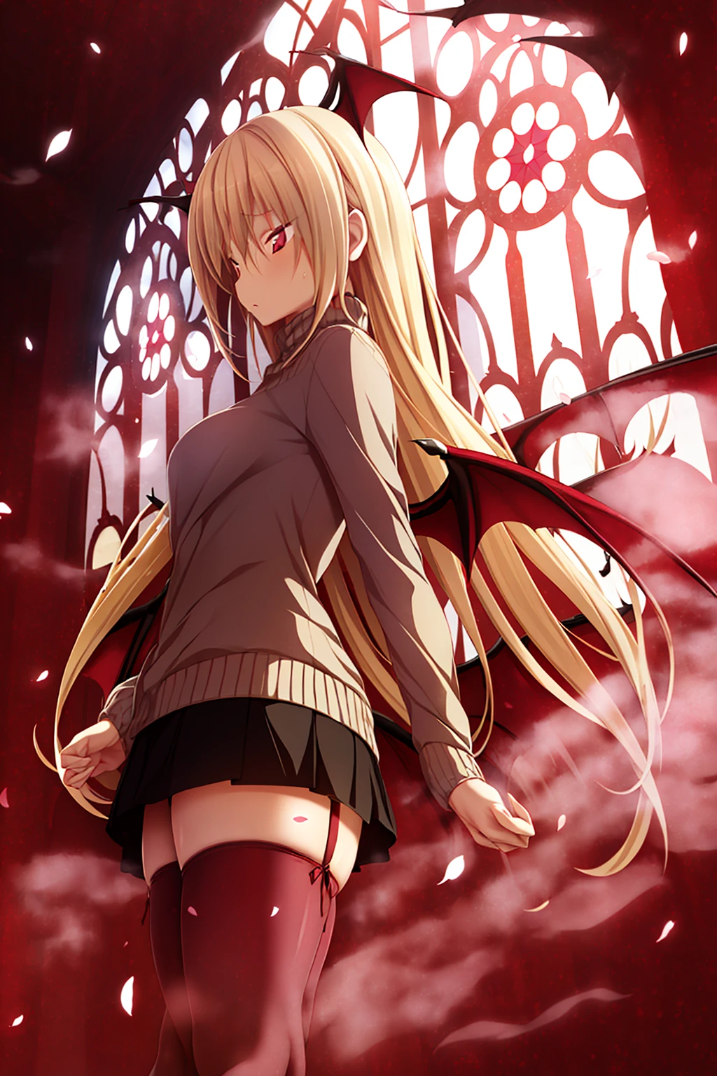 ((masterpiece, high quality, best quality)),
(deep red fog:1.8), 1girl, bat wings, thighhighs, red eyes, scowl, slit pupils, long hair, skirt, blonde hair, church, stained glass, sweater, red fog, zettai ryouiki, petals,
<lora:-style_v1.0:1.0>