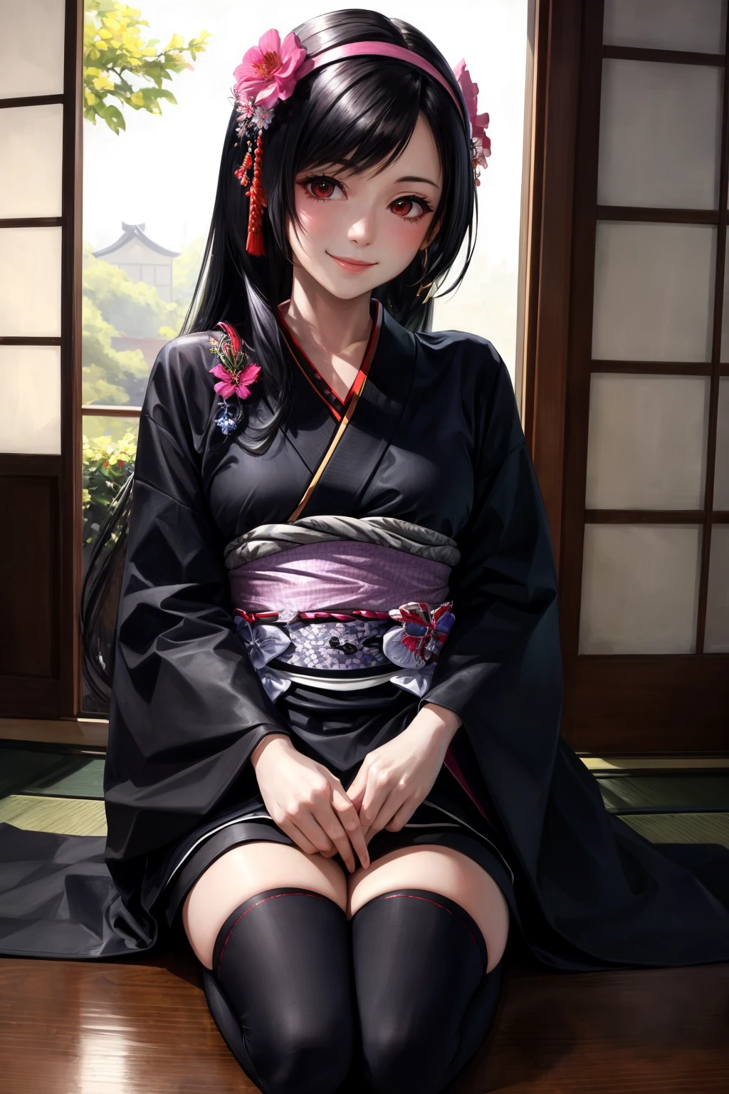 masterpiece, best quality, edTifa, hairband, hair flower, black kimono, sash, black thighhighs, japanese house, seiza, hands on own lap, looking at viewer, smile <lora:tifa-nvwls-v1-000008:0.8>
