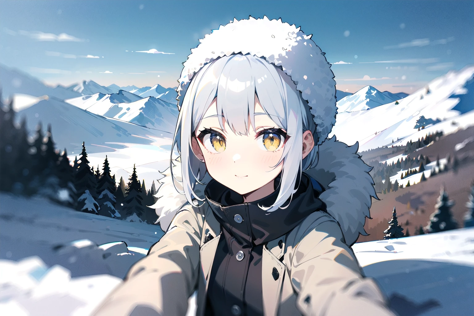 masterpiece, best quality, short hair, silver hair, yellow eyes, selfie, mountain scenery, winter coat, closed coat, winter hat,