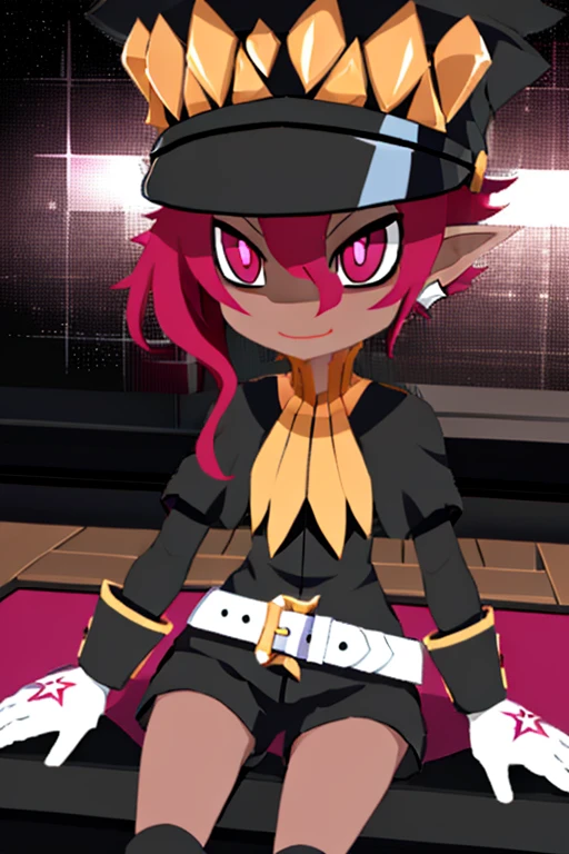Psychic, short  lavender hair , pink eyes, pointy ears ,dark skin ,   sitting, 
PsyATT,white gloves, earrings ,black shorts , black boots, white belt , black shirt with long sleeves , shako cap, 
outer space, milky way, stars, open military base, 
(insanely detailed, beautiful detailed face, masterpiece, best quality)       <lora:Psychic:0.8>