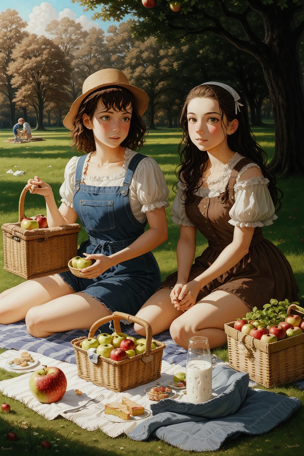 Picnic, Grass, 2Girl, Mat, Basket, Apple, Milk, Cake, style of David Michael Bowers, oil , painting ( style of Chris Dyer:0.2) (style of Jean-Honor Fragonard:0.5) <lora:KodakEKTACHROMEE100:1>