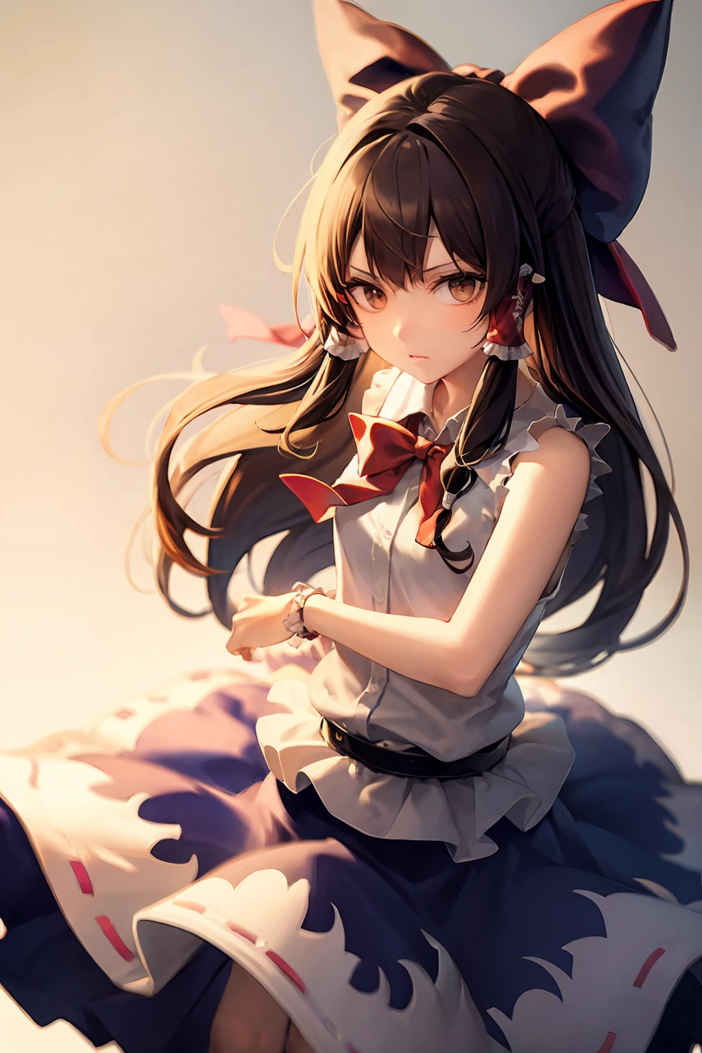 masterpiece, best quality, <lora:reimu:0.8>, <lora:suika:0.8>,brown hair,long hair,hair tubes,hair bow,vest,skirt