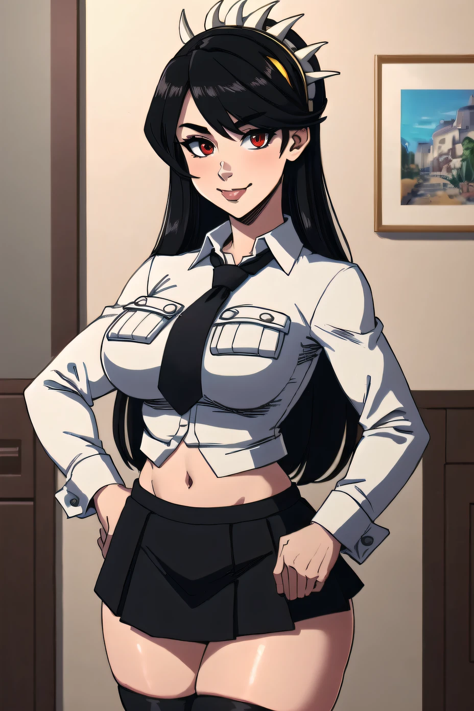 ((masterpiece, high quality, best quality, highres, ultra-detailed, 8k:1.4)), ((filia)), 1girl, solo, breasts, looking at viewer, blush, smile, skirt, large breasts, shirt, thighhighs, long sleeves, navel, hair between eyes, closed mouth, school uniform, white shirt, thighs, pleated skirt, necktie, teeth, tongue, midriff, collared shirt, black thighhighs, black skirt, hand on hip, black necktie, black hair, red eyes, prehensile hair, extra mouth, living hair, <lora:Filia4-10:1>