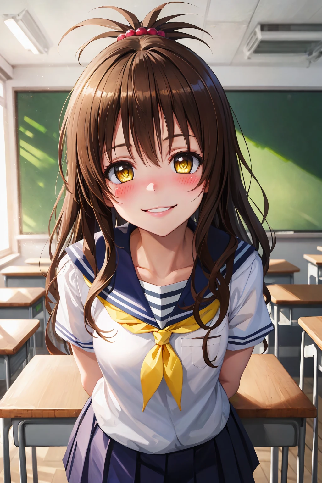 (best quality:1.1), (masterpiece:1.4), (absurdres:1.0), portrait, 
1girl, yuuki mikan, brown hair, yellow eyes, hair ornaments, long hair, topknot, wavy hair, small breasts, school uniform, looking at viewer, classroom, (blush:1.2), smile,
<lora:Kizuki - To Love Ru - Yuuki Mikan:0.8>