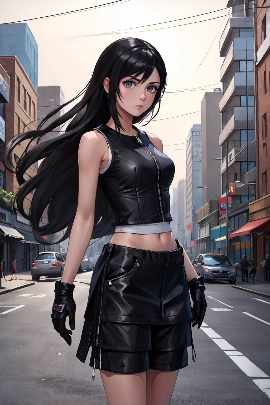 masterpiece, best quality, acTifa, black tank top, zipper, black shorts, long black skirt, black gloves, dystopian city, city street, car, looking at viewer, cowboy shot, serious expression <lora:tifa-nvwls-v1-000008:0.9>