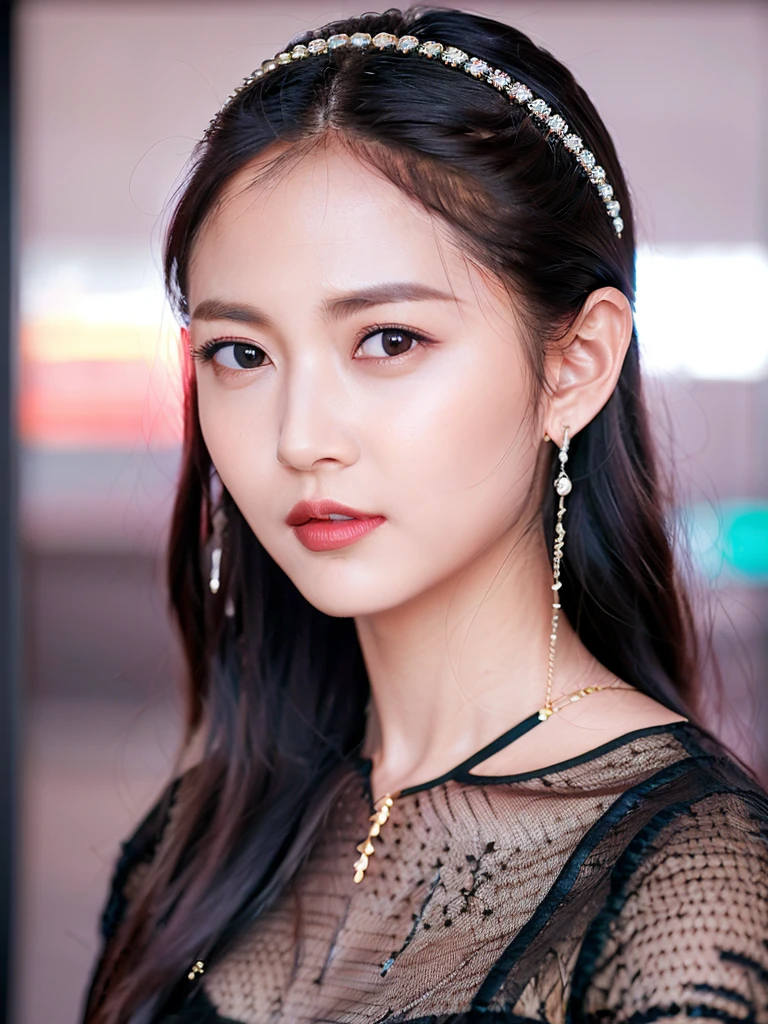 cyq, 1girl, solo, jewelry, black hair, ring, bracelet, earrings, hairband, blue background, parted lips, upper body, brown eyes, looking at viewer, realistic, lips, blurry, simple background, long hair, ulzzang-6500v1.1, (original: 1.2), (realistic: 1.3) , beautiful girl with beautiful details, extremely detailed eyes and face, eyes with beautiful details, absurd, incredibly absurd, huge file size, ultra detail, high resolution, ultra detailed, best quality, masterpiece, illustration, ultra detailed and beautiful, ultra detailed, CG, unity, 8k wallpaper, amazing, fine Detail, masterpiece, top quality, official art, extremely detailed CG unity 8k wallpaper, cinematic lighting, (perfect shiny skin:0.6), slim and smooth lines, (floating) <lora:Chenyuqi_v1:0.8>