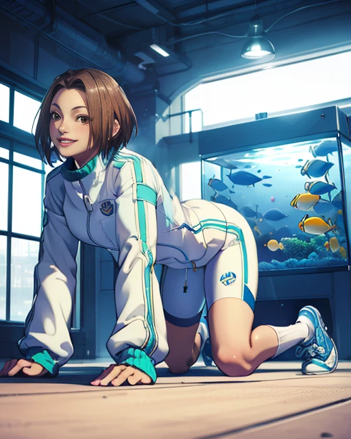 Uriko, brown short hair, brown eyes, solo, cute, lips, smiling, on all fours,
UriJAK, track jacket, (sleeves past wrists:1.1), white bike shorts ,sneakers,zipper,socks ,
in a large aquarium, dark area, large glass windows, fish
(insanely detailed, beautiful detailed face, masterpiece, best quality) <lora:Uriko:0.7>