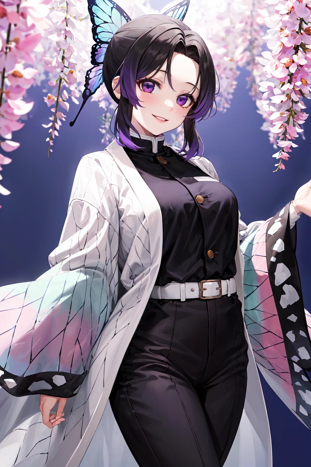 masterpiece, best quality, highres, 1girl, solo, kochou shinobu, butterfly hair ornament, purple eyes, multicolored hair, short hair, parted bangs, haori, long sleeves, wide sleeves, black pants, black jacket, belt, <lora:kochou_shinobu_v1.2:0.9>, cowboy shot, smile, standing, purple flower, white background,